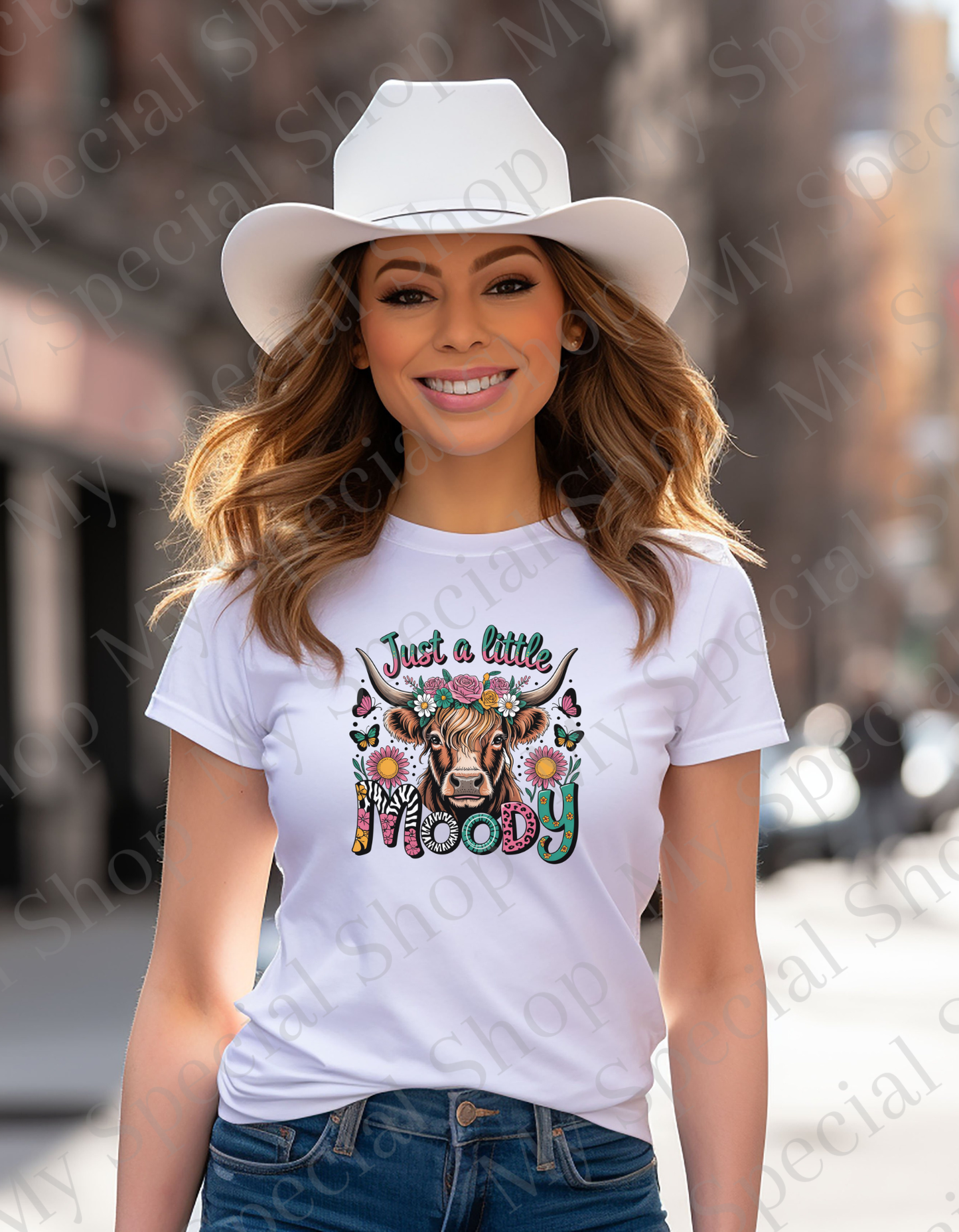 Just a Little Moody T-Shirt โ Floral Cow Design | Western | Cow | Bella Canva My Special Shop