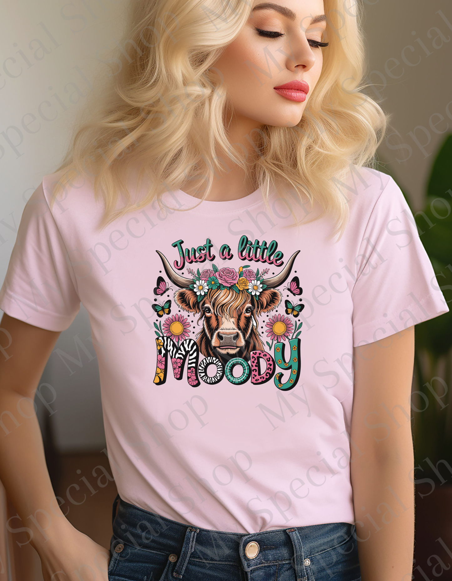 Just a Little Moody T-Shirt โ Floral Cow Design | Western | Cow | Bella Canva My Special Shop