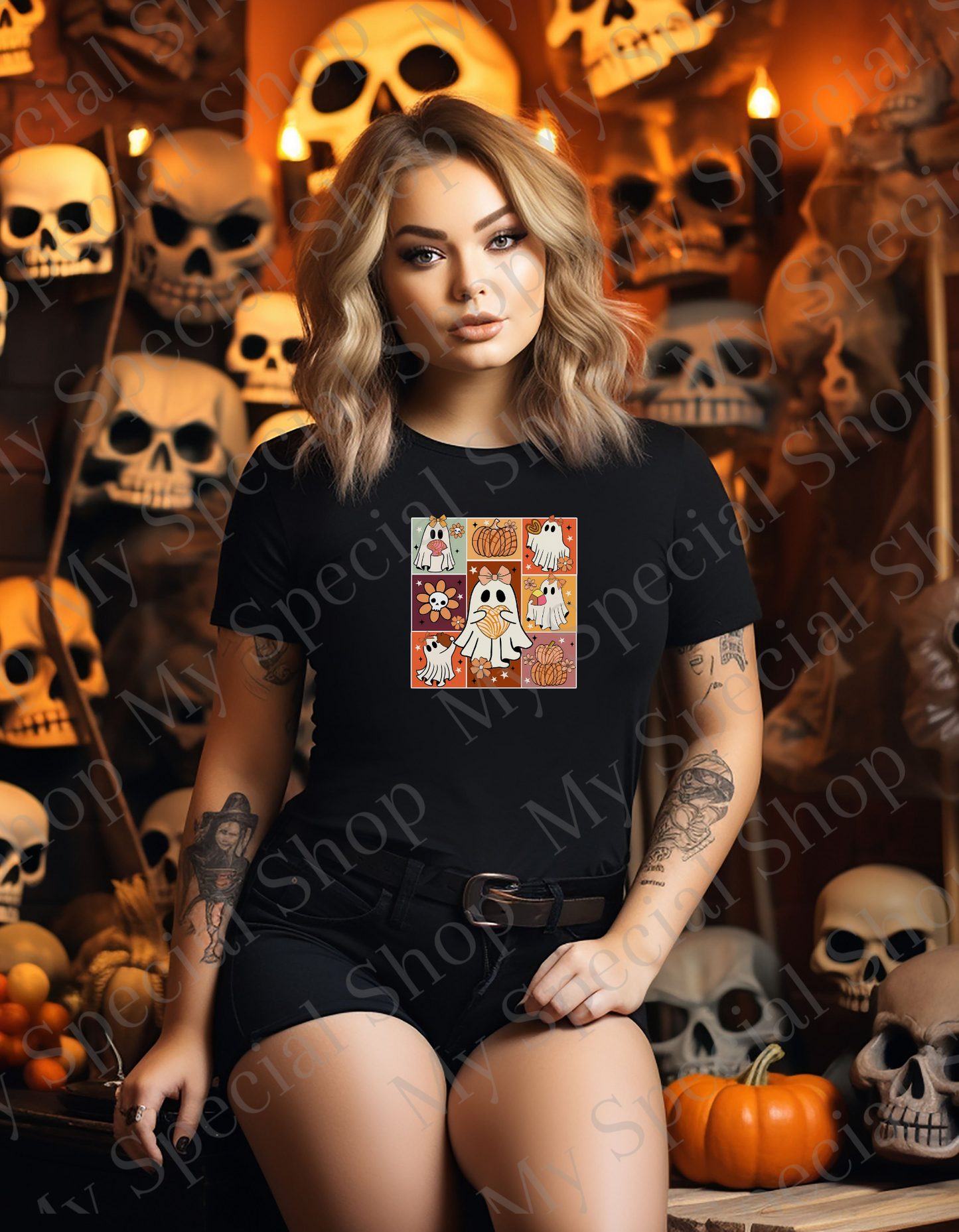 Spooky Cute Ghosts with Bows & Fall Treats | Bella Canvas | Halloween Shirt | Cute Spooky Season T-Shirt | Unisex My Special Shop