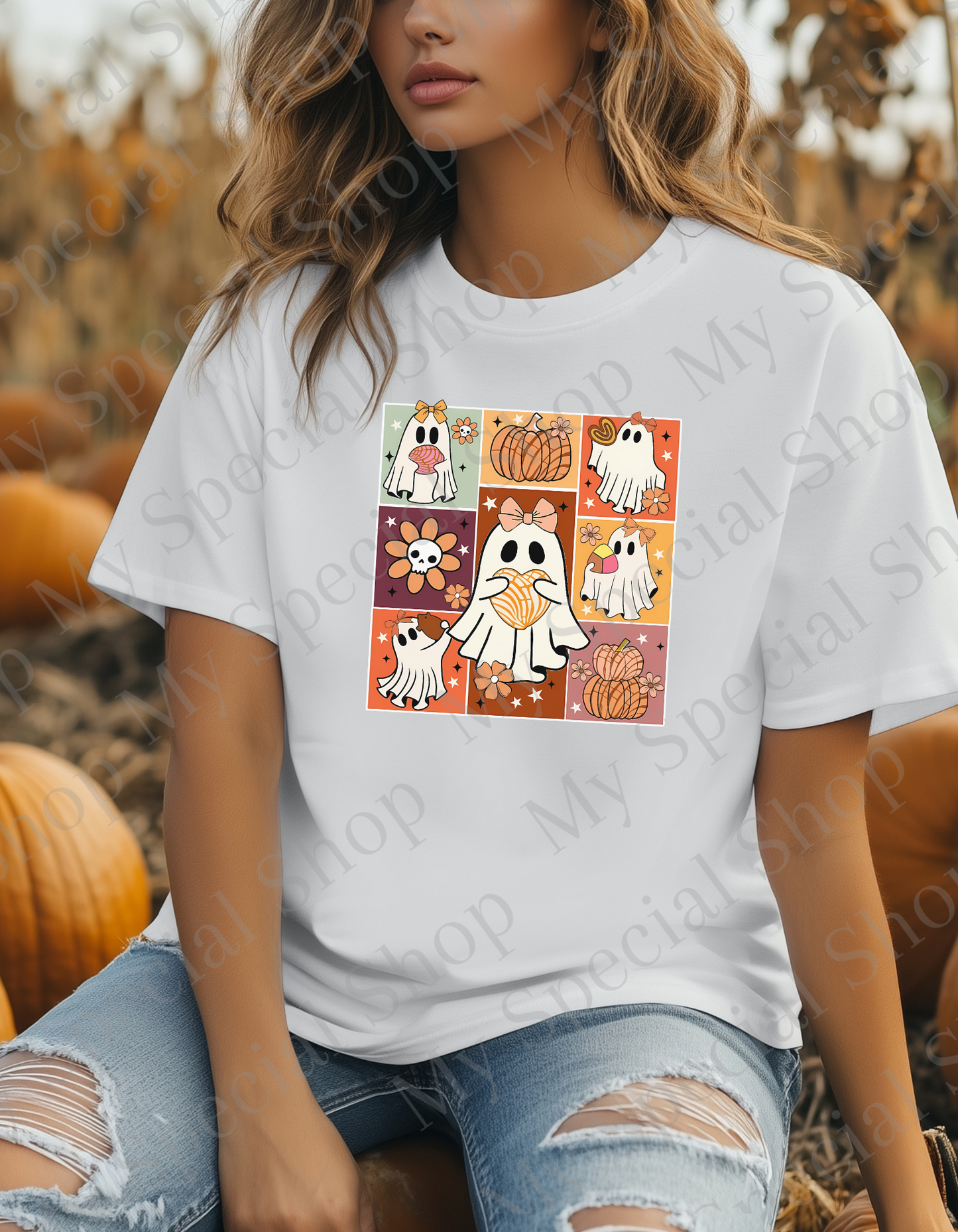 Spooky Cute Ghosts with Bows & Fall Treats | Bella Canvas | Halloween Shirt | Cute Spooky Season T-Shirt | Unisex My Special Shop