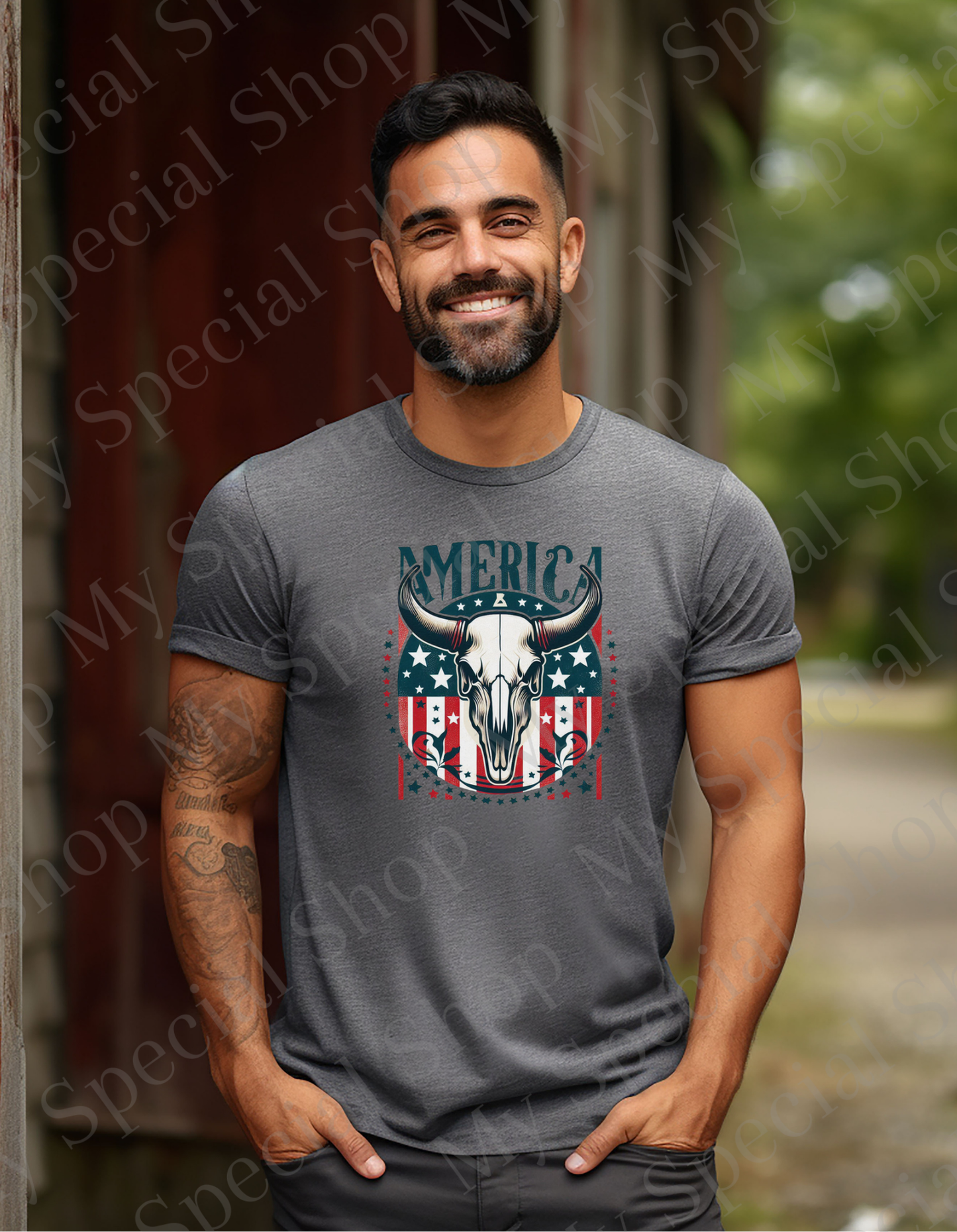 🇺🇸 America Western Skull T-Shirt | Country Rodeo Patriotic Tee | Rustic Cowboy Americana Shirt | USA Flag Bull Skull Design My Special Shop