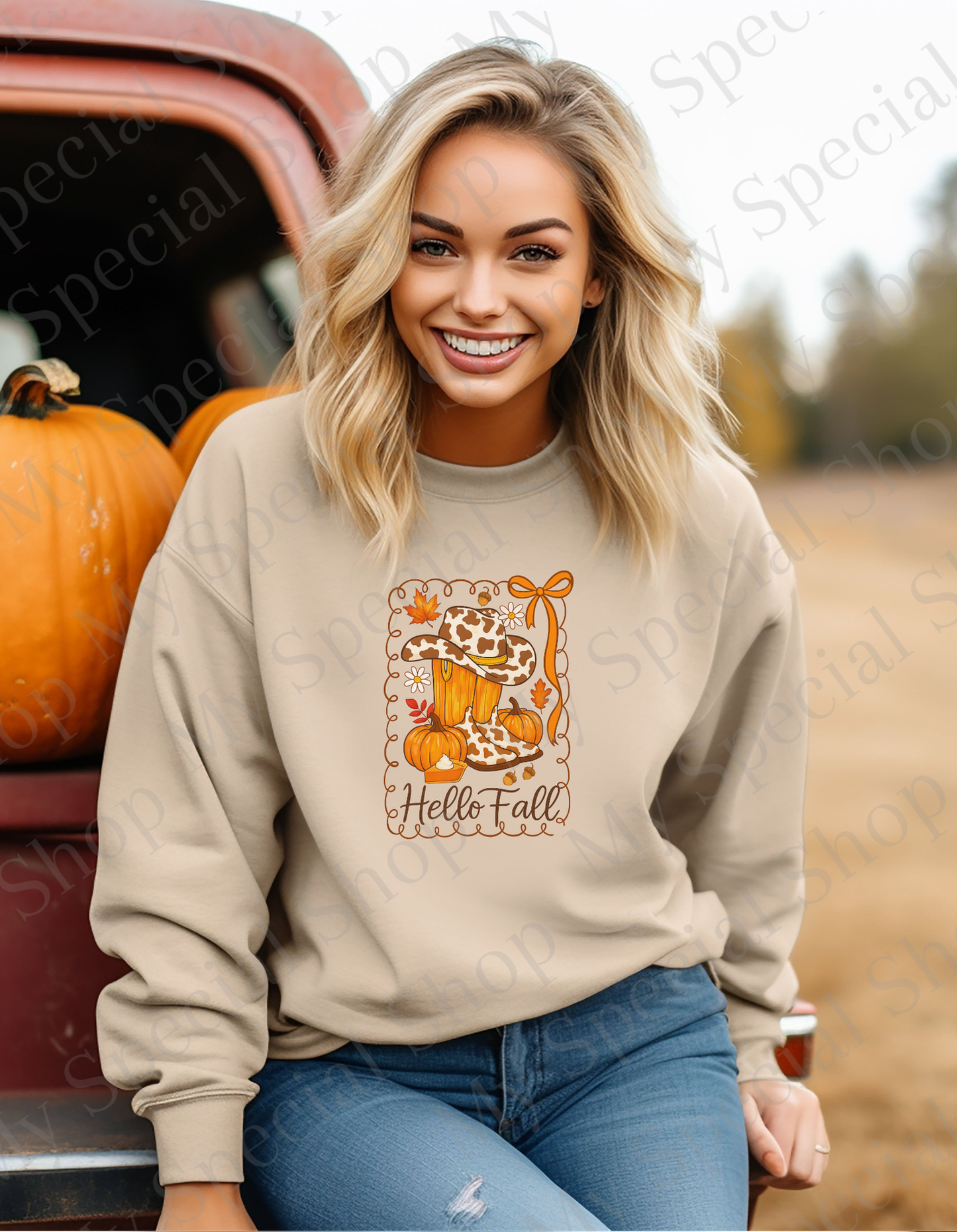 Hello Fall Cow Print Sweatshirt | Western | Cowboy | Pumpkin | Soft style | Unisex My Special Shop