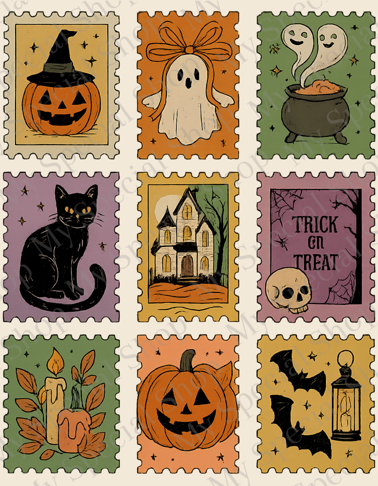 Retro Halloween Stamp Set - Vintage Fall Tee | Pumpkin | Ghost | Bats | Black Cat | Cotton & Polyester Blend | Unisex (Copy) My Special Shop