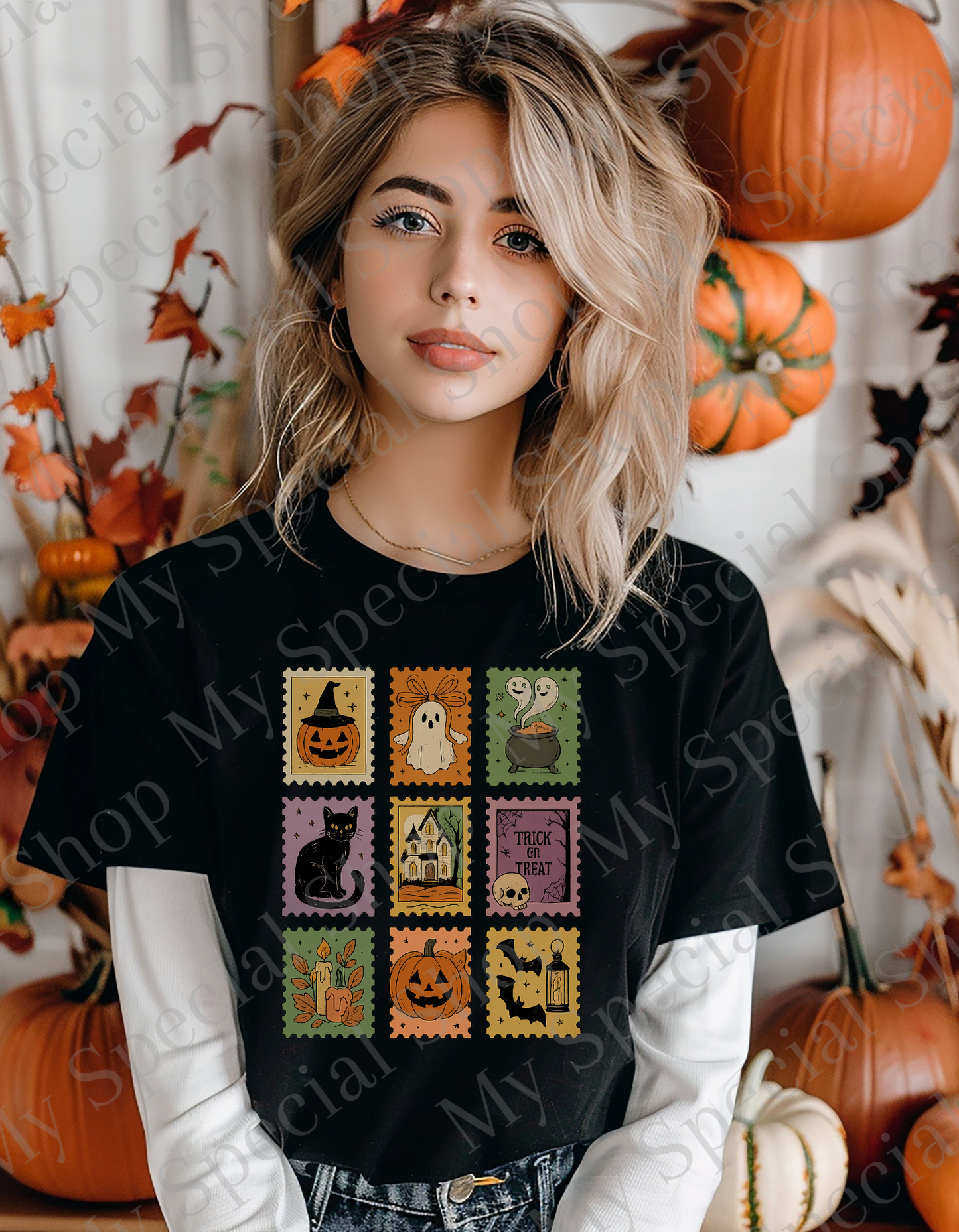 Retro Halloween Stamp Set - Vintage Fall Tee | Pumpkin | Ghost | Bats | Black Cat | Cotton & Polyester Blend | Unisex (Copy) My Special Shop