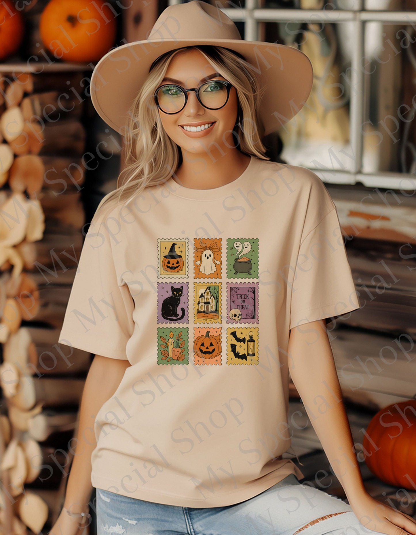 Retro Halloween Stamp Set - Vintage Fall Tee | Pumpkin | Ghost | Bats | Black Cat | Cotton & Polyester Blend | Unisex (Copy) My Special Shop