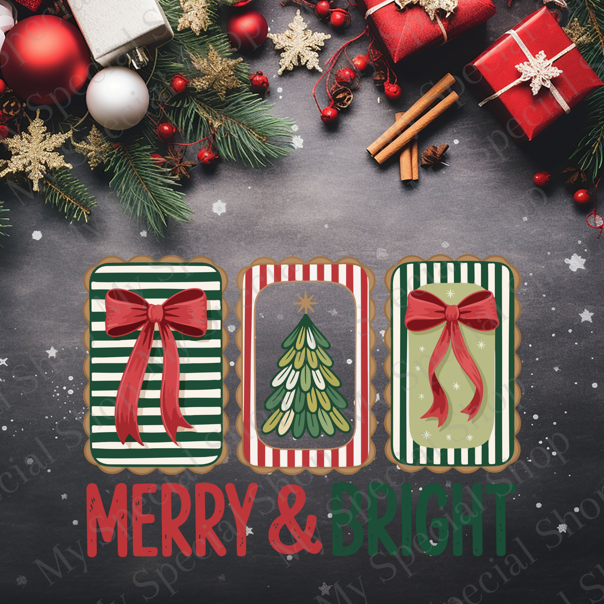 Merry & Bright Christmas Shirt | Retro Christmas Tree & Bow Tee | Festive Holiday Cookie Frame Design | Cozy Christmas Outfit My Special Shop