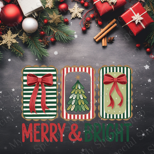 Merry & Bright Christmas Shirt | Retro Christmas Tree & Bow Tee | Festive Holiday Cookie Frame Design | Cozy Christmas Outfit My Special Shop