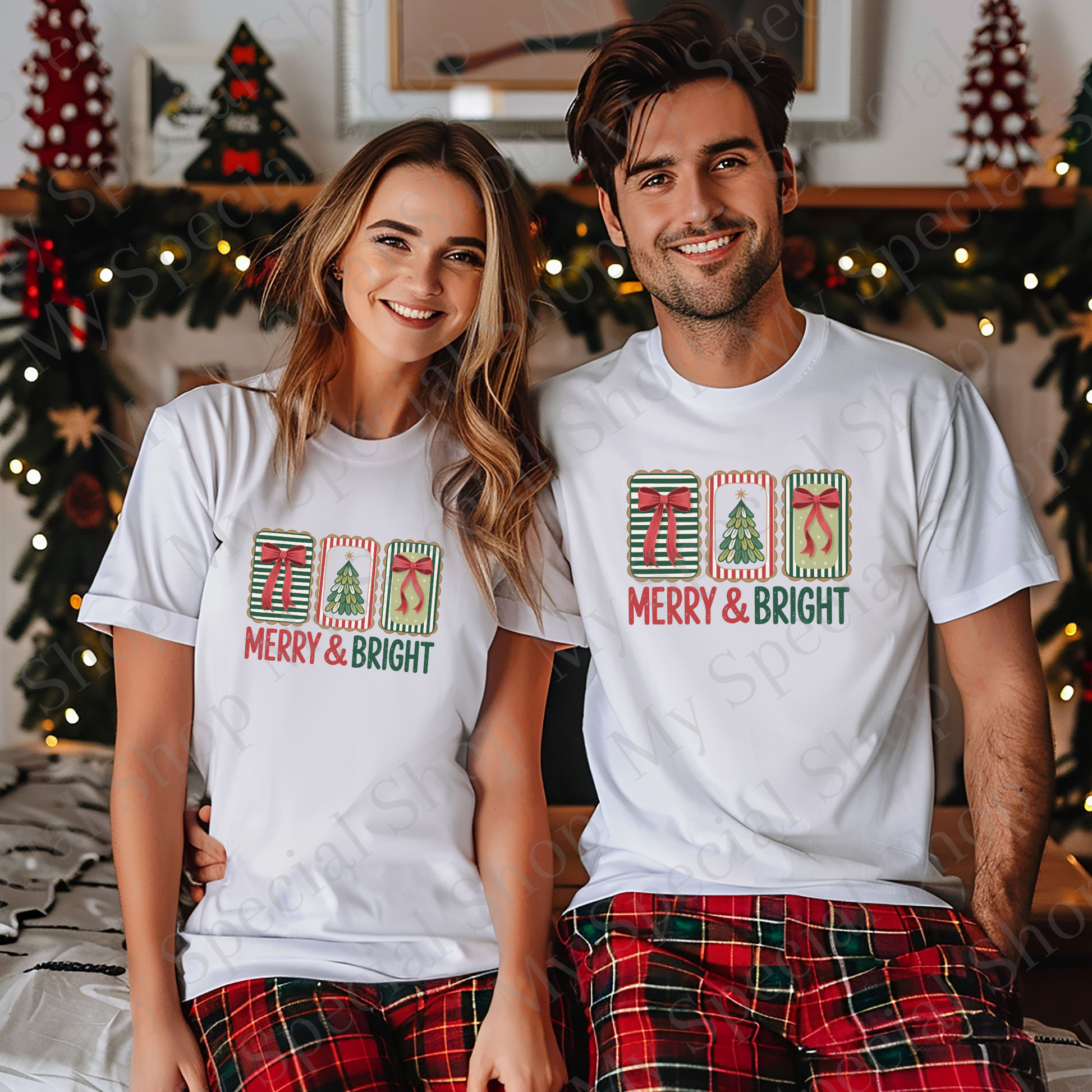 Merry & Bright Christmas Shirt | Retro Christmas Tree & Bow Tee | Festive Holiday Cookie Frame Design | Cozy Christmas Outfit My Special Shop