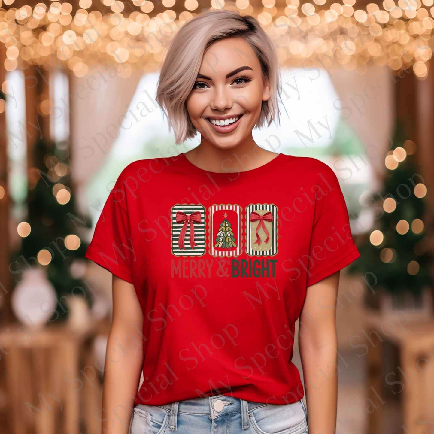 Merry & Bright Christmas Shirt | Retro Christmas Tree & Bow Tee | Festive Holiday Cookie Frame Design | Cozy Christmas Outfit My Special Shop