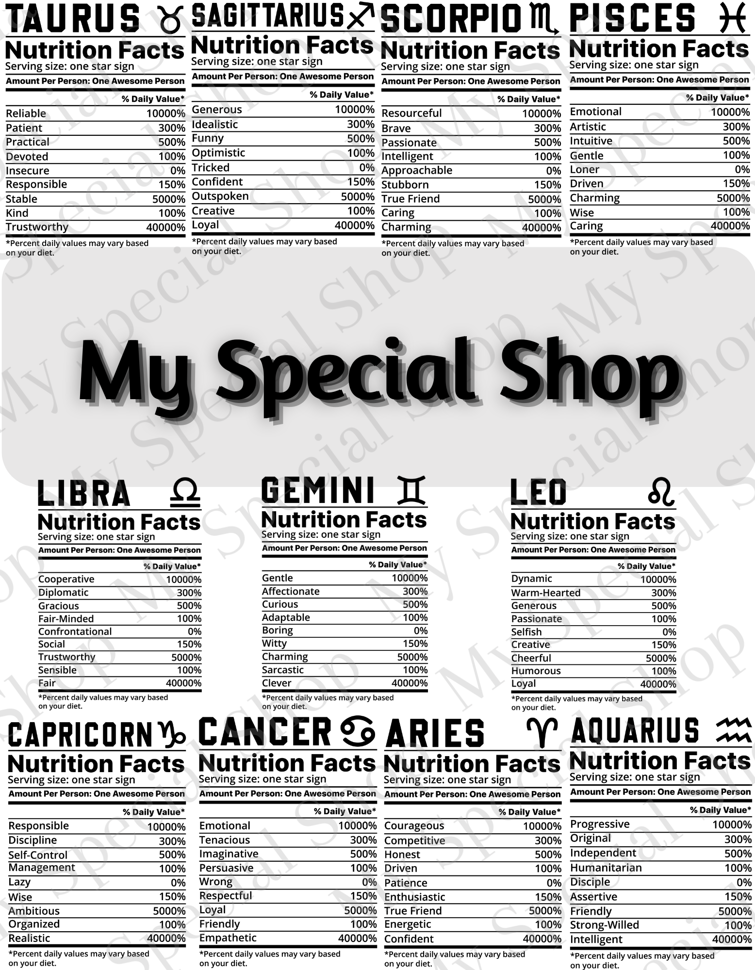 Zodiac Nutritional Facts T-Shirt | Libra| Scorpio| Sagittarius| Front Logo | Your Daily Dose of Cosmic Energy | White | Black | Pink | Brown (Copy) My Special Shop
