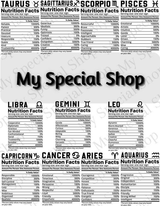 Zodiac Nutritional Facts T-Shirt | Libra| Scorpio| Sagittarius| Front Logo | Your Daily Dose of Cosmic Energy | White | Black | Pink | Brown (Copy) My Special Shop