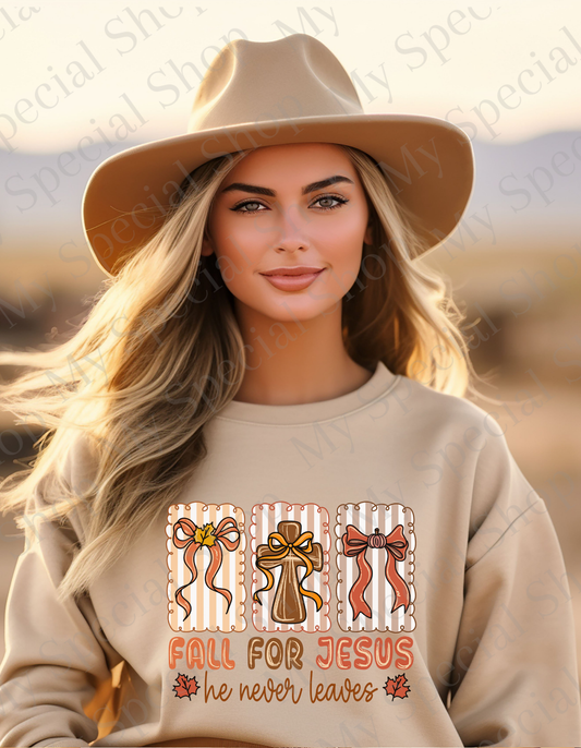 Fall for Jesus He Never Leaves Sweatshirt – Cozy Christian Fall Crewneck – Faith & Pumpkin Season Pullover | Graphic Tee | Soft style | Unisex My Special Shop