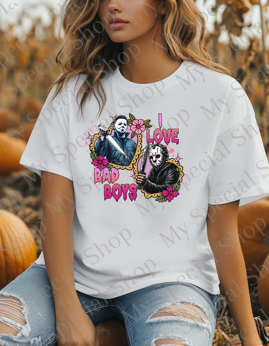I Love Bad Boys – Slasher Halloween DTF Shirt | Halloween | Spooky | Iconic | Graphic Tee | | Bella Canvas | Soft style | Unisex (Copy) My Special Shop