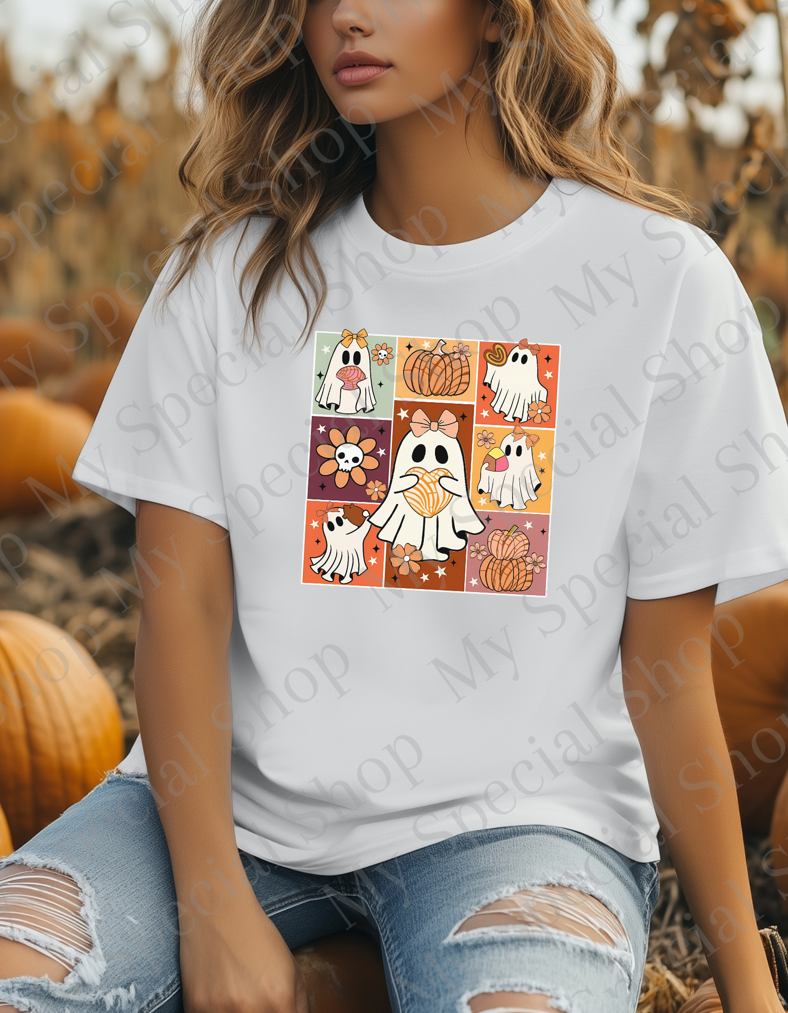 Spooky Cute Ghosts with Bows & Fall Treats | Bella Canvas | Halloween Shirt | Cute Spooky Season T-Shirt | Unisex My Special Shop