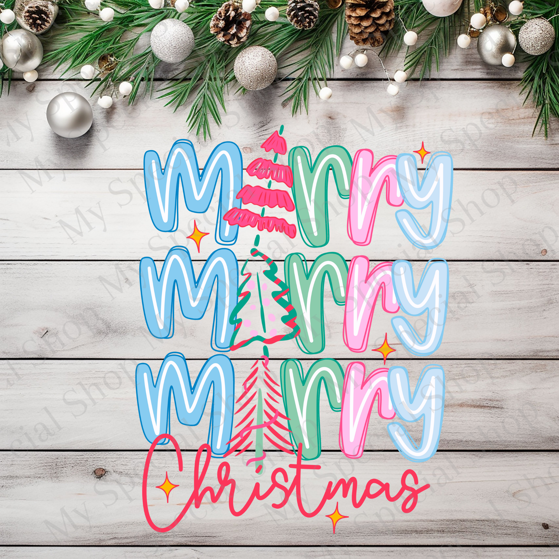 Merry Merry Merry Christmas Shirt | Colorful Retro Holiday Tee | Cute Pink & Blue Christmas Tree Shirt for Women & Teens My Special Shop