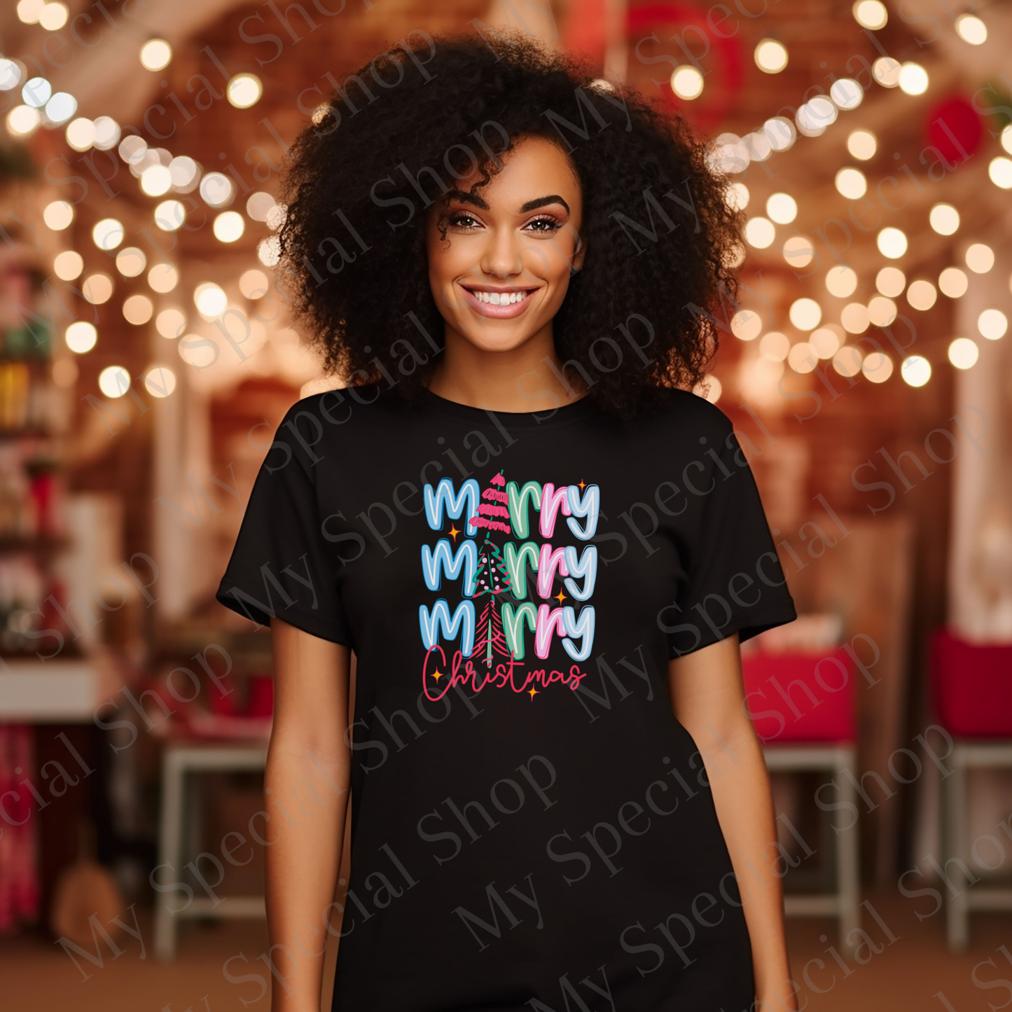 Merry Merry Merry Christmas Shirt | Colorful Retro Holiday Tee | Cute Pink & Blue Christmas Tree Shirt for Women & Teens My Special Shop