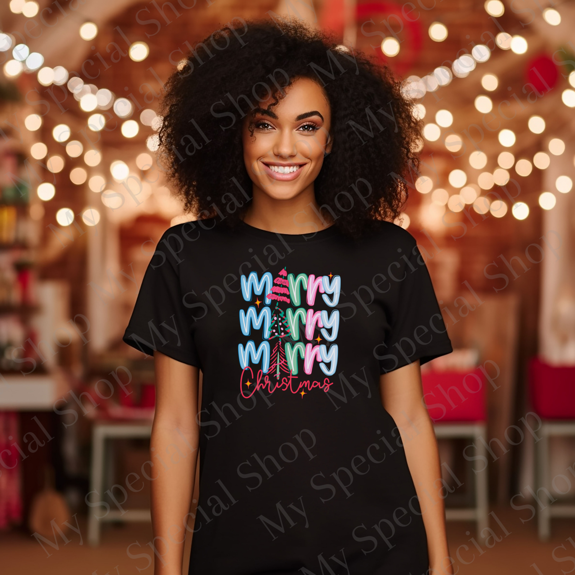Merry Merry Merry Christmas Shirt | Colorful Retro Holiday Tee | Cute Pink & Blue Christmas Tree Shirt for Women & Teens My Special Shop