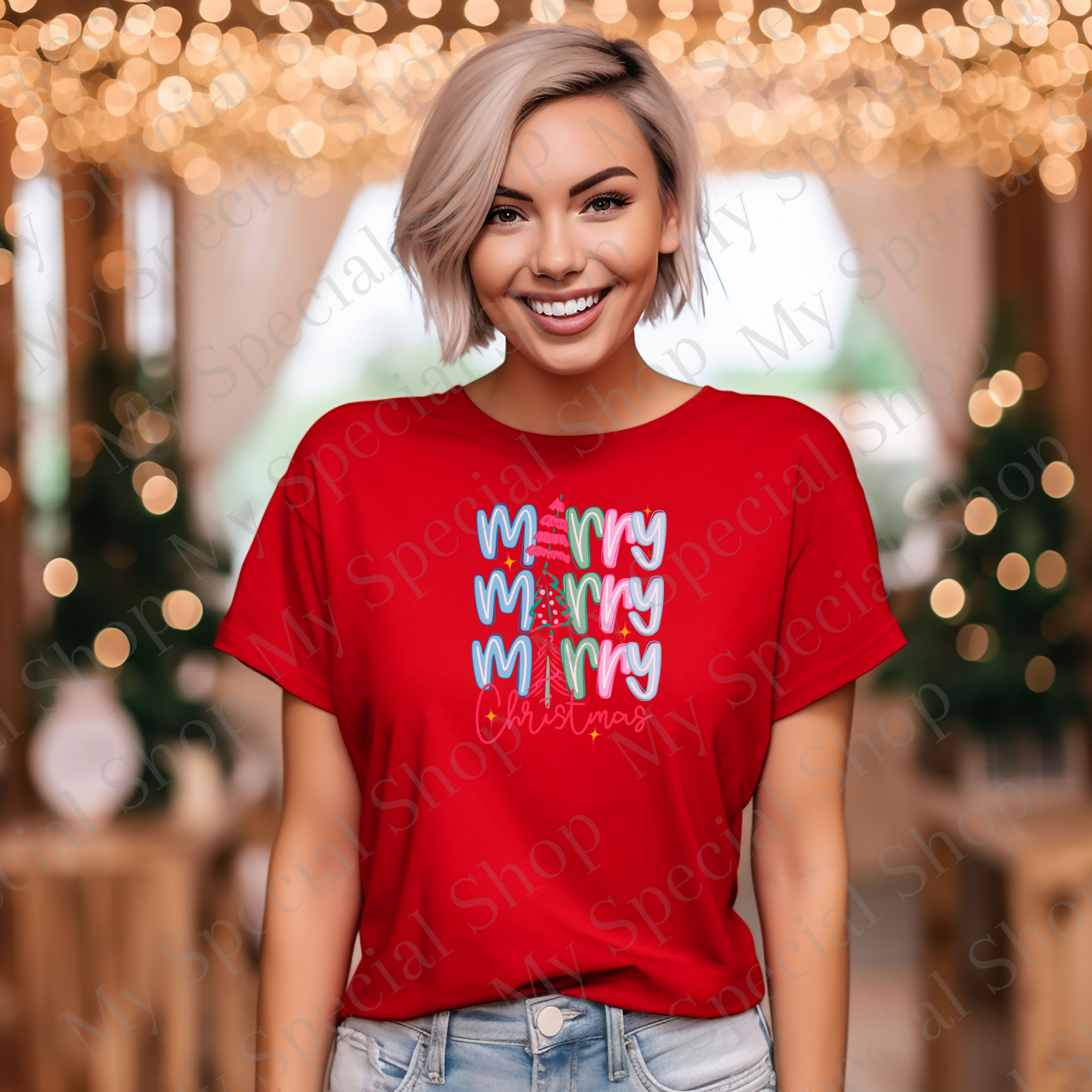 Merry Merry Merry Christmas Shirt | Colorful Retro Holiday Tee | Cute Pink & Blue Christmas Tree Shirt for Women & Teens My Special Shop