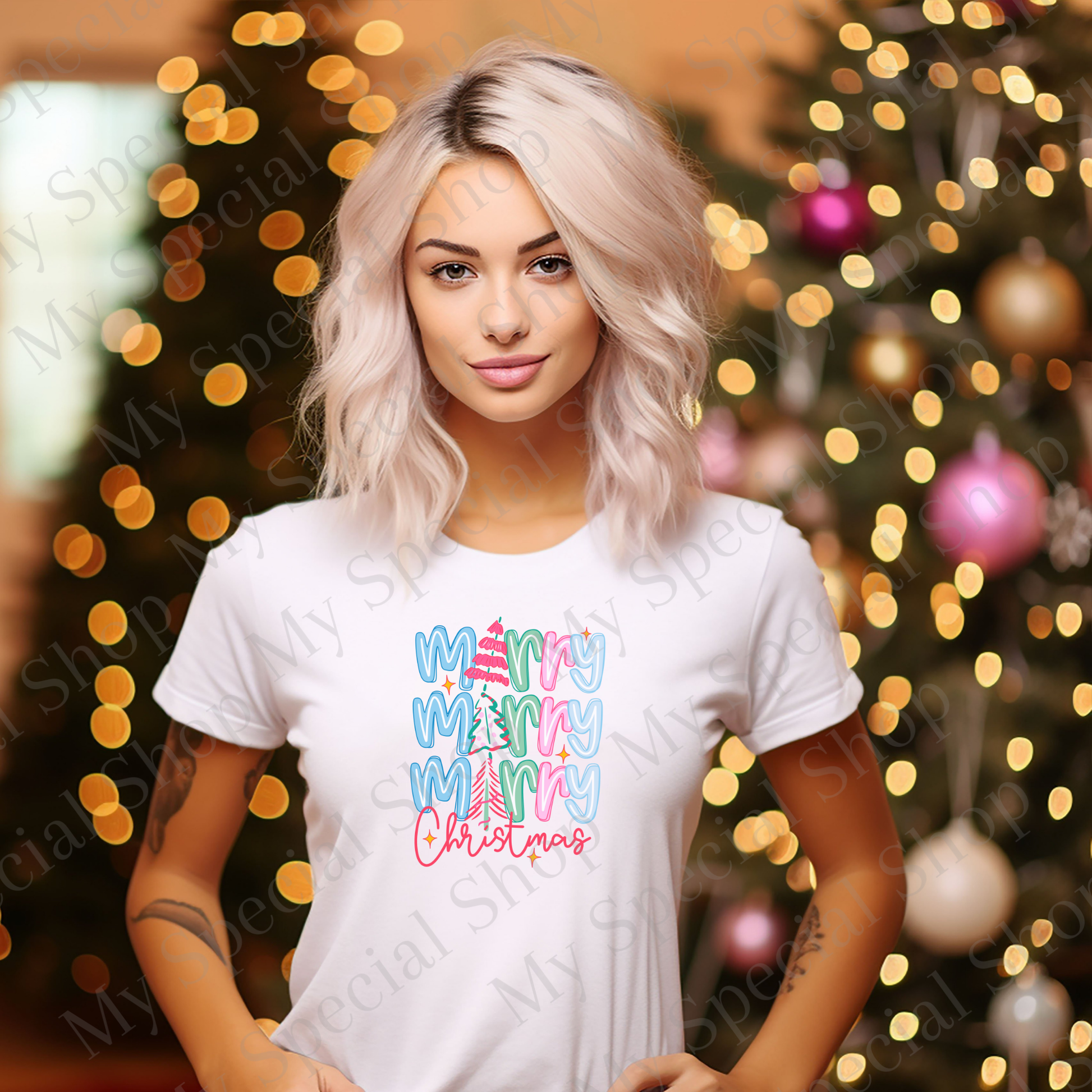 Merry Merry Merry Christmas Shirt | Colorful Retro Holiday Tee | Cute Pink & Blue Christmas Tree Shirt for Women & Teens My Special Shop