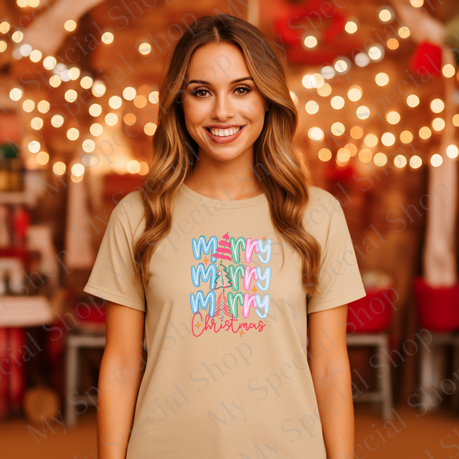 Merry Merry Merry Christmas Shirt | Colorful Retro Holiday Tee | Cute Pink & Blue Christmas Tree Shirt for Women & Teens My Special Shop