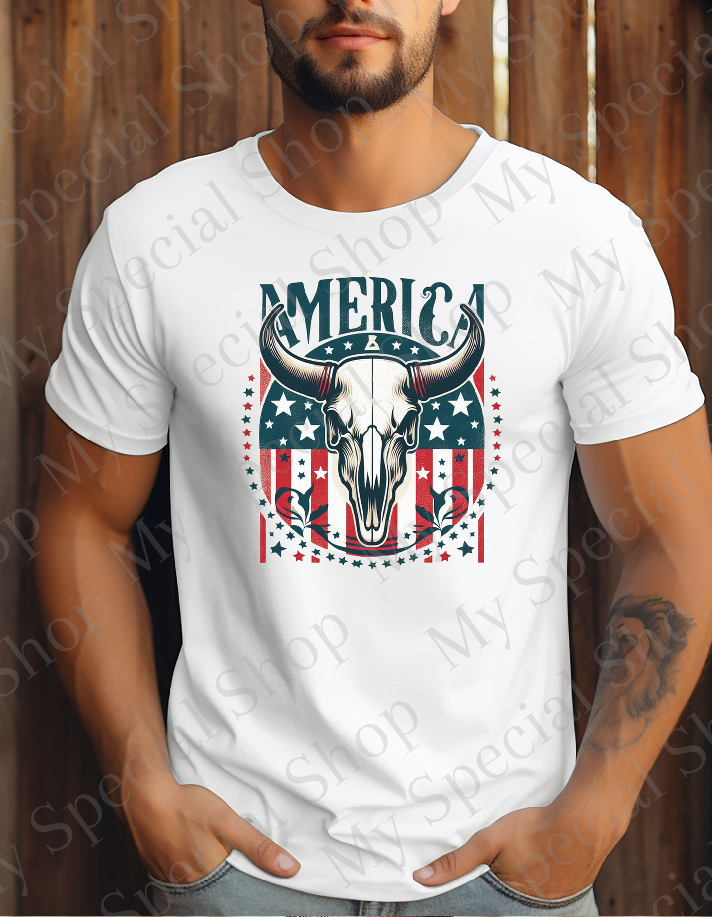 🇺🇸 America Western Skull T-Shirt | Country Rodeo Patriotic Tee | Rustic Cowboy Americana Shirt | USA Flag Bull Skull Design My Special Shop