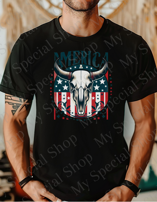 🇺🇸 America Western Skull T-Shirt | Country Rodeo Patriotic Tee | Rustic Cowboy Americana Shirt | USA Flag Bull Skull Design My Special Shop