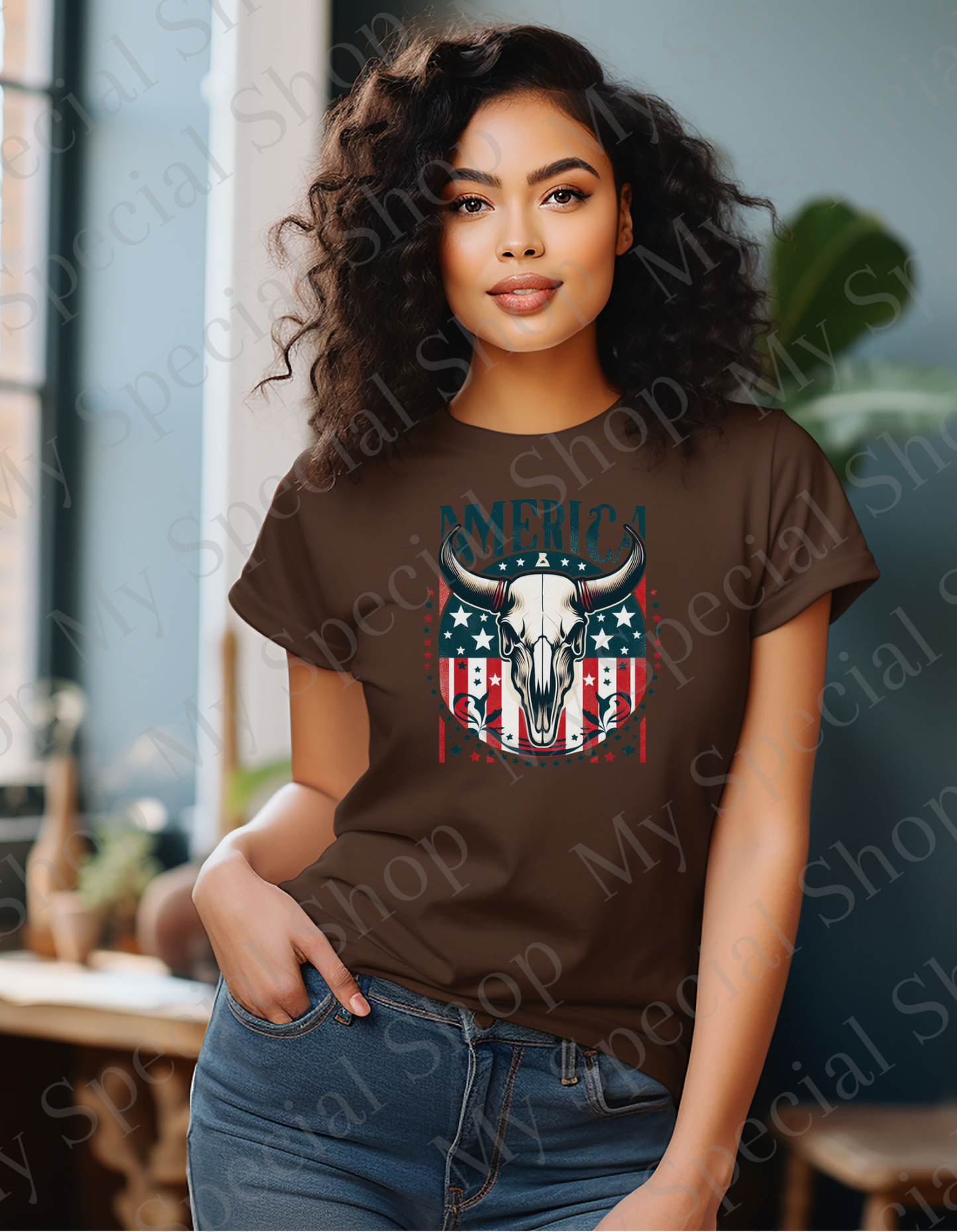 🇺🇸 America Western Skull T-Shirt | Country Rodeo Patriotic Tee | Rustic Cowboy Americana Shirt | USA Flag Bull Skull Design My Special Shop