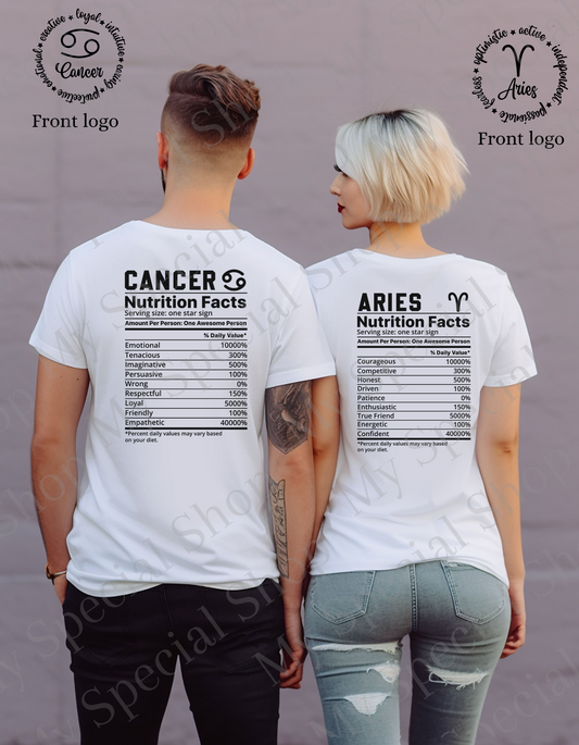 Zodiac Nutritional Facts T-Shirt | Libra| Scorpio| Sagittarius| Front Logo | Your Daily Dose of Cosmic Energy | White | Black | Pink | Brown (Copy) My Special Shop