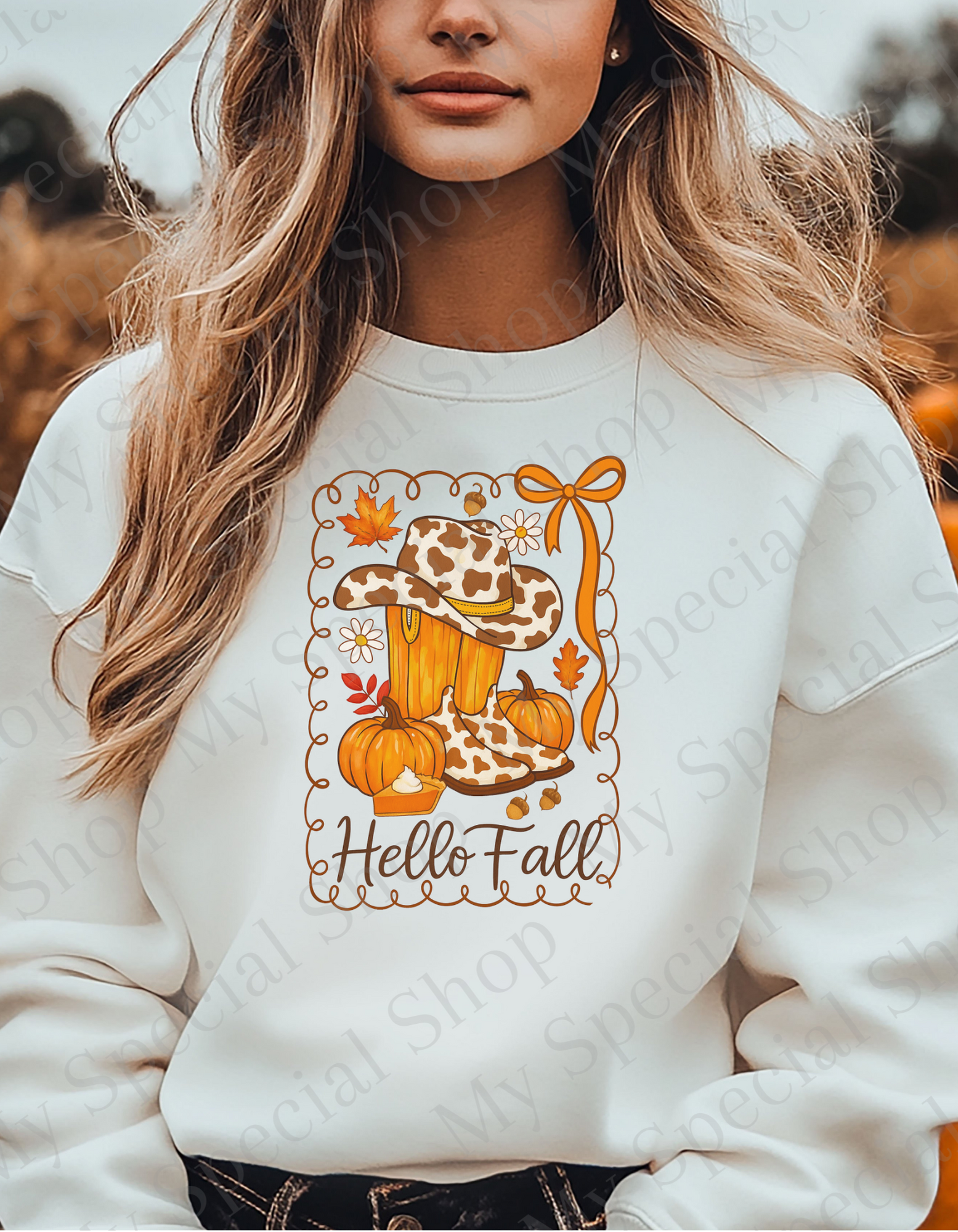 Hello Fall Cow Print Sweatshirt | Western | Cowboy | Pumpkin | Soft style | Unisex My Special Shop