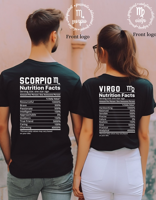 Zodiac Nutritional Facts T-Shirt | Libra| Scorpio| Sagittarius| Front Logo | Your Daily Dose of Cosmic Energy | White | Black | Pink | Brown (Copy) My Special Shop