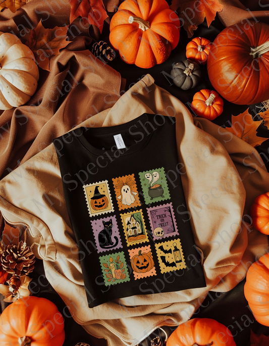Retro Halloween Stamp Set - Vintage Fall Tee | Pumpkin | Ghost | Bats | Black Cat | Cotton & Polyester Blend | Unisex (Copy) My Special Shop