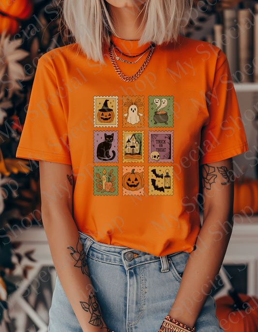 Retro Halloween Stamp Set - Vintage Fall Tee | Pumpkin | Ghost | Bats | Black Cat | Cotton & Polyester Blend | Unisex (Copy) My Special Shop
