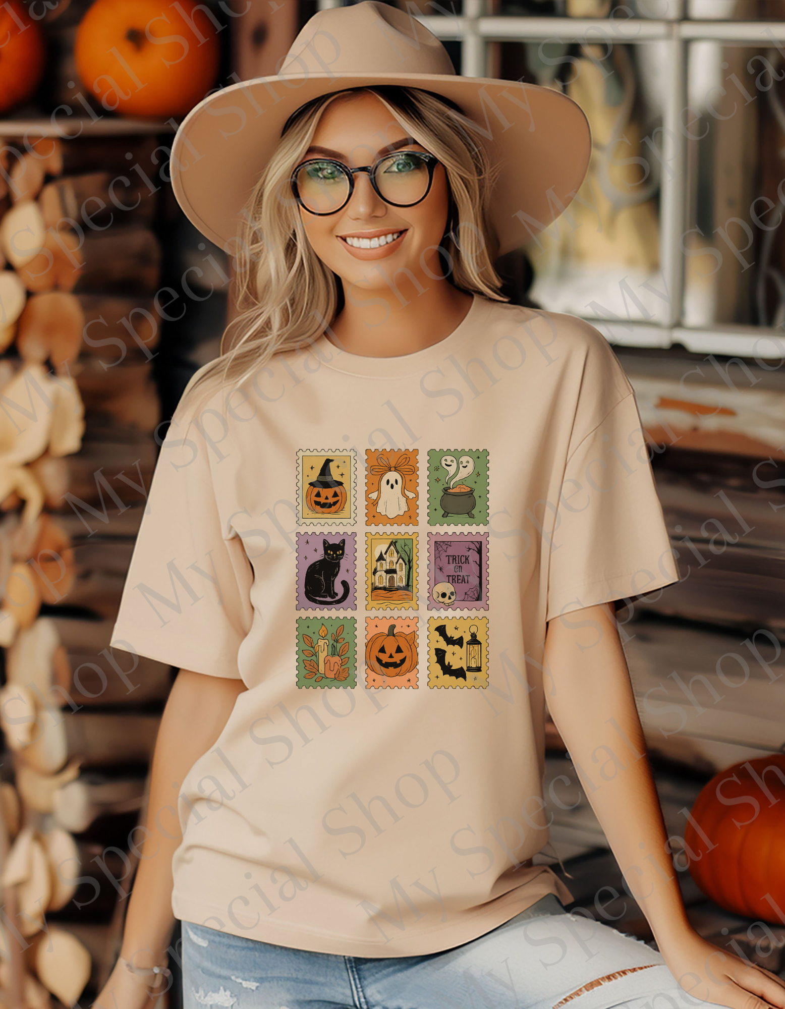 Retro Halloween Stamp Set - Vintage Fall Tee | Pumpkin | Ghost | Bats | Black Cat | Cotton & Polyester Blend | Unisex (Copy) My Special Shop