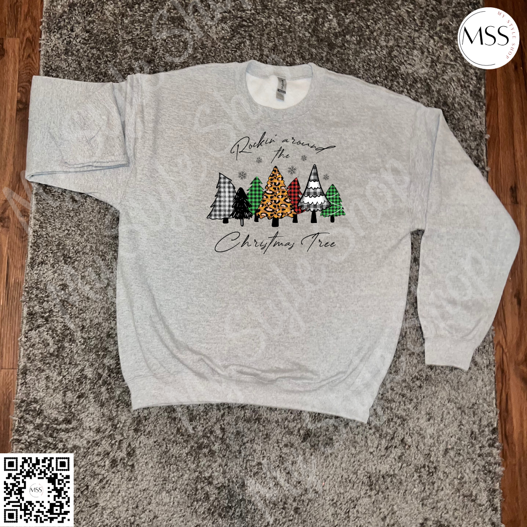 Rockin Around The Christmas Tree | Sweatshirt | Sport Grey | Xmas | Christmas Tree | Plaid | Crewneck | Pre-order My Style Shop